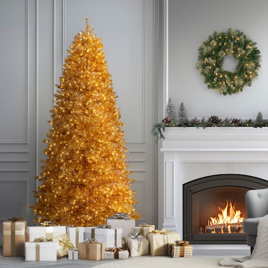9ft. Pre-Lit True Gold Metallic Artificial Christmas Tree, White LED Lights